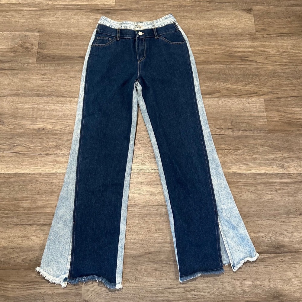 Dream Architect Two Tone Wide Leg Jeans Medium Colorblock Raw Hem Y2K Streetwear
